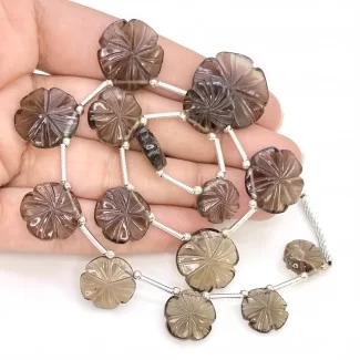 Smoky Quartz 11-20mm Carved Flower Shape AAA Grade Gemstone Beads Layout - Total 1 Strand of 11 Inch.
