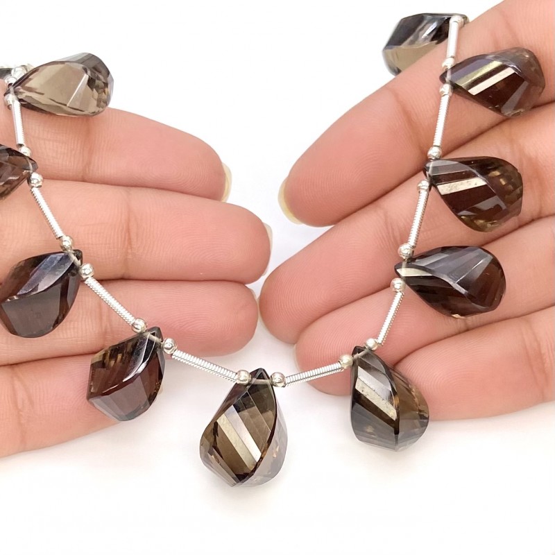 Smoky Quartz 13.5-18.5mm Briolette Twisted Shape AAA Grade Gemstone Beads Layout - Total 1 Strand of 9 Inch.