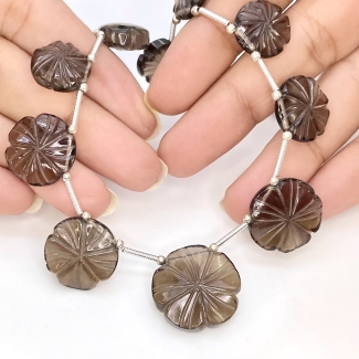 Smoky Quartz 11-20mm Carved Flower Shape AAA Grade Gemstone Beads Layout - Total 1 Strand of 12 Inch.