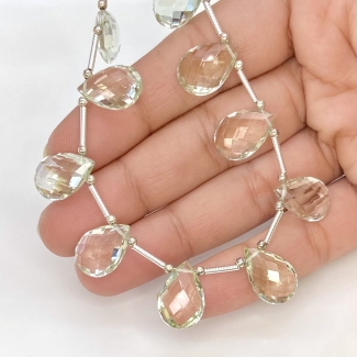 Green Amethyst 15x10mm Briolette Pear Shape AAA Grade Gemstone Beads Layout - Total 1 Strand of 10 Inch.