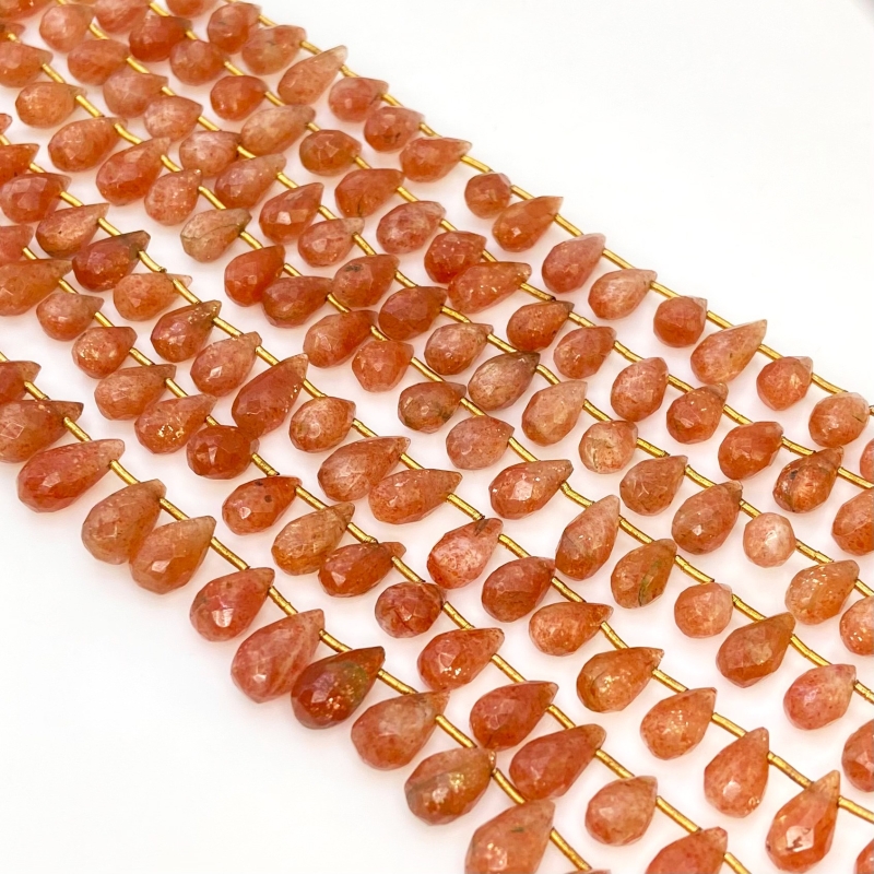 Sun Stone 8-12mm Briolette Drop Shape A Grade Gemstone Beads Lot - Total 11 Strands of 9 Inch.