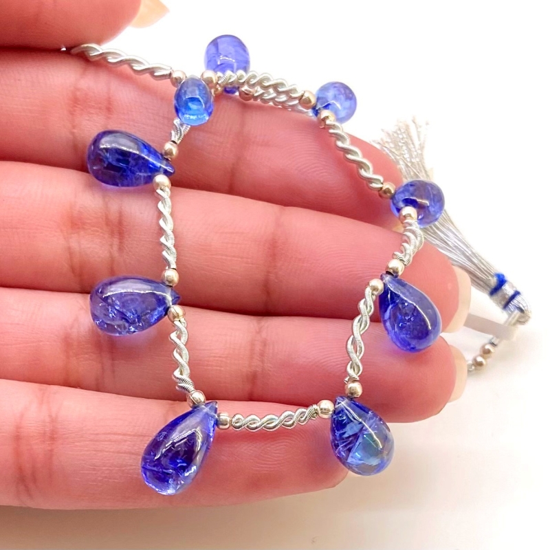 Tanzanite 7.5-13mm Smooth Drop Shape AA+ Grade Gemstone Beads Layout - Total 1 Strand of 9 Inch.