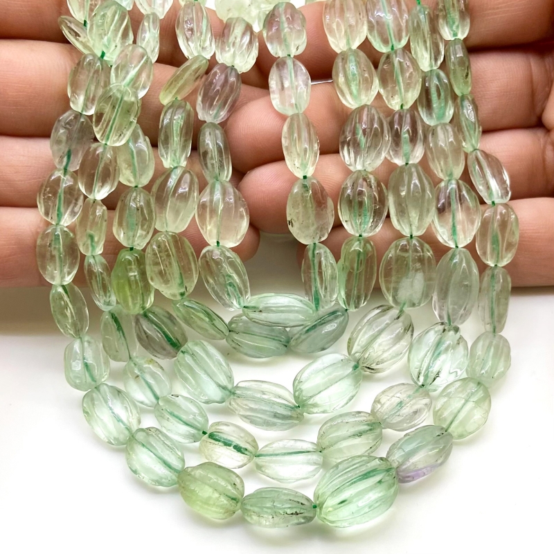 Green Fluorite 9-15mm Carved Oval Shape A Grade Gemstone Beads Strand - Total 1 Strand of 18 Inch.