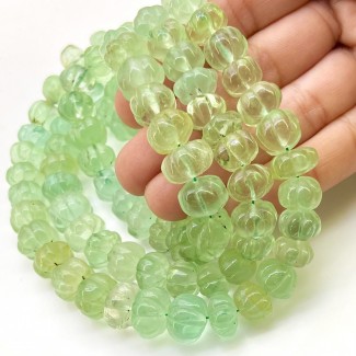 Green Fluorite 9-13mm Carved Melon Shape AA Grade 18 Inch Long Gemstone Beads Strand