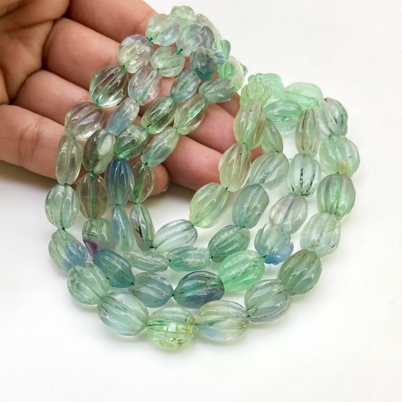 Green Fluorite 9-15mm Carved Oval Shape A Grade Gemstone Beads Strand - Total 1 Strand of 21 Inch.