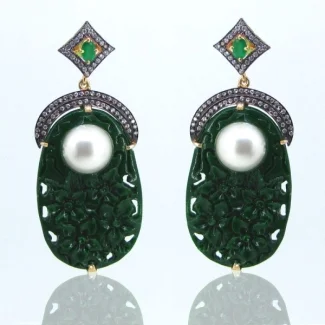 Green Onyx and Diamond White CZ 925 Sterling Silver Earrings