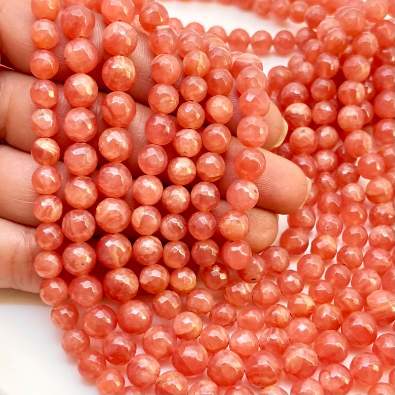 Rhodochrosite 6-8mm Faceted Round Shape AA Grade Gemstone Beads Strand - Total 1 Strand of 16 Inch.