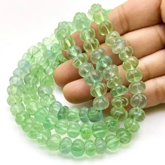 Green Fluorite 7-10mm Carved Melon Shape AA Grade Gemstone Beads Strand - Total 1 Strand of 16 Inch.