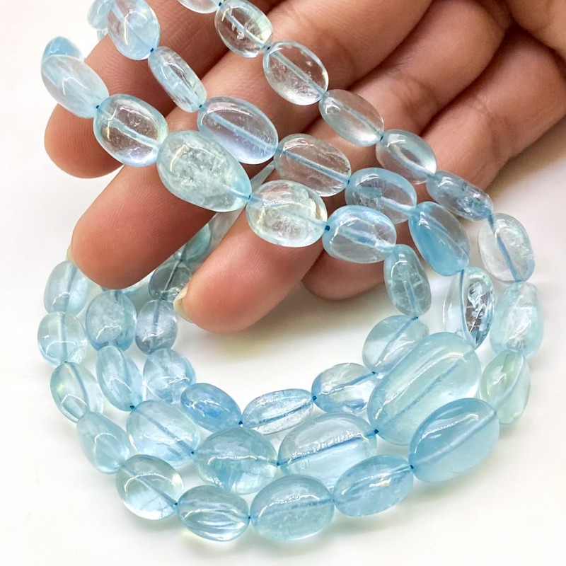 Aquamarine 6.5-19mm Smooth Nugget Shape AA Grade Gemstone Beads Lot - Total 3 Strands of 16 Inch.