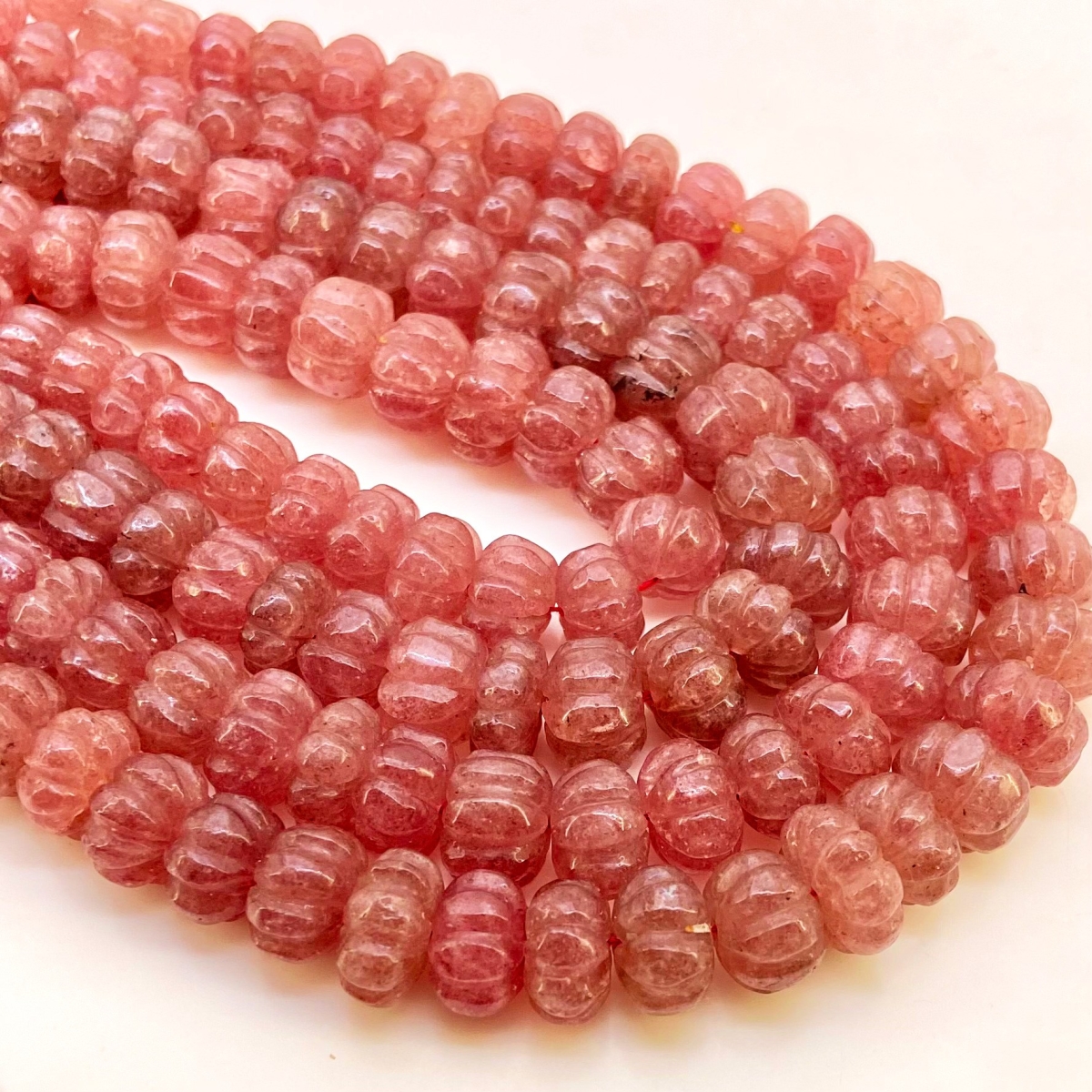 Strawberry Quartz 7-13mm Carved Melon A+ Grade Gemstone Beads Strand -  159814