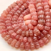Strawberry Quartz 9-14mm Carved Melon Shape A+ Grade Gemstone Beads Strand - Total 1 Strand of 17 Inch.