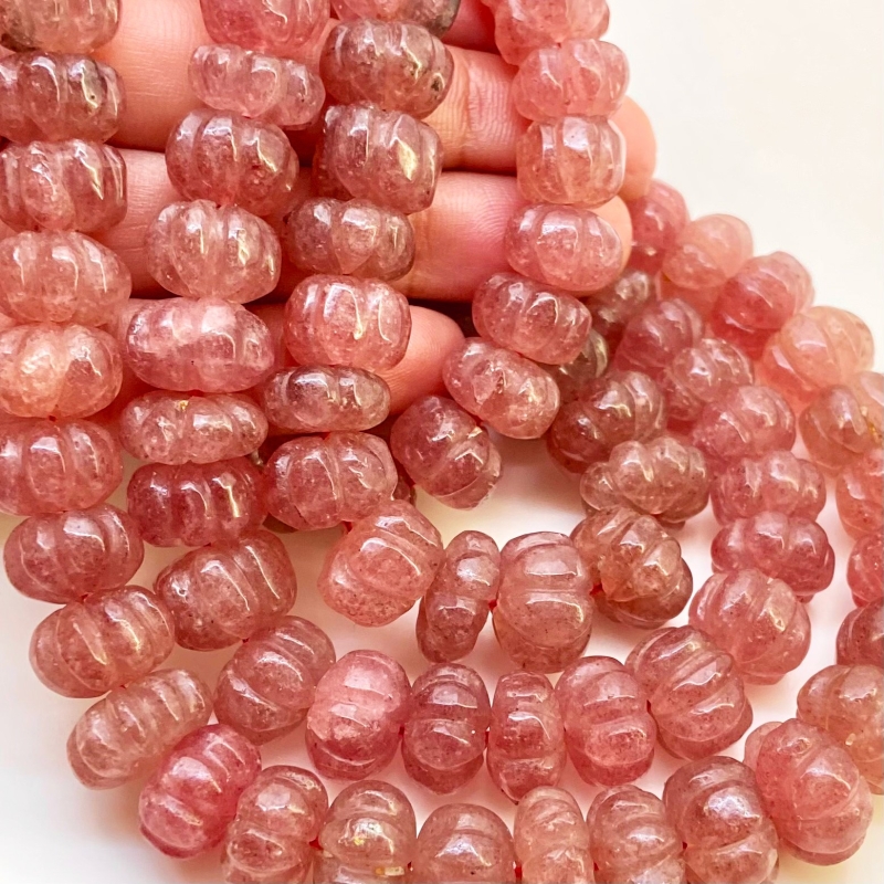 Strawberry Quartz 9-14mm Carved Melon Shape A+ Grade Gemstone Beads Strand - Total 1 Strand of 17 Inch.