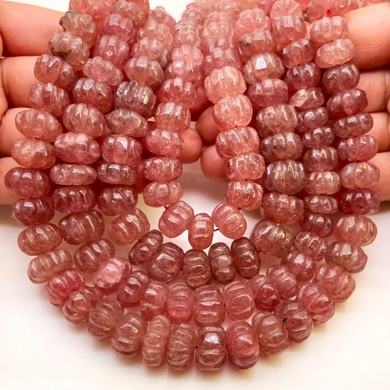 Strawberry Quartz 9-14mm Carved Melon Shape A+ Grade Gemstone Beads Strand - Total 1 Strand of 17 Inch.