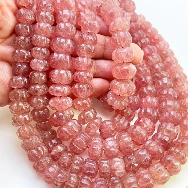 Strawberry Quartz 8-14mm Carved Melon Shape A+ Grade Gemstone Beads Strand - Total 1 Strand of 18 Inch.