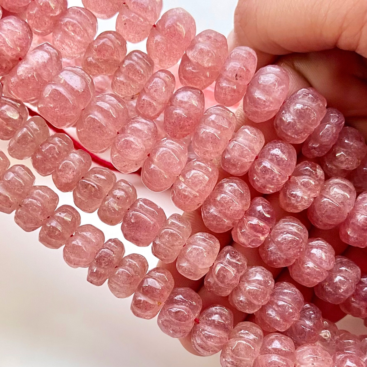 Strawberry Quartz 7-13mm Carved Melon A+ Grade Gemstone Beads Strand -  159814