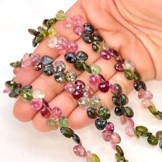 Multi Color Tourmaline 6.5-7mm Briolette Heart Shape AA Grade Gemstone Beads Strand - Total 1 Strand of 9 Inch.