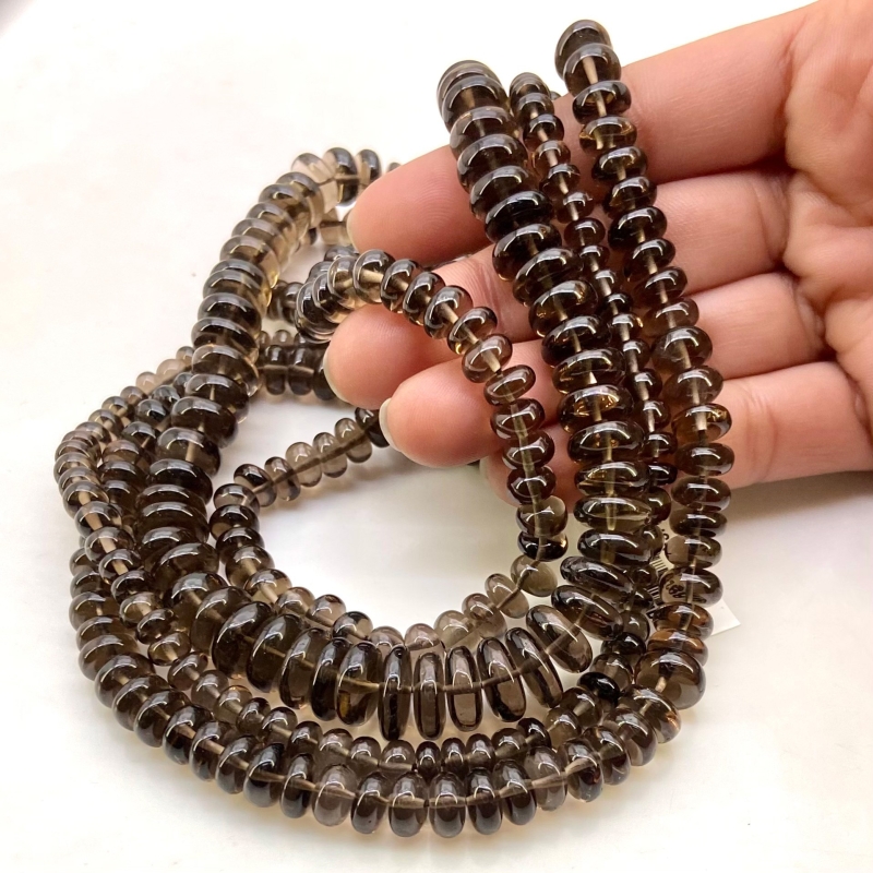 Smoky Quartz 5-11.5mm Smooth Rondelle Shape AA+ Grade Gemstone Beads Lot - Total 4 Strands of 16 Inch.