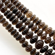 Smoky Quartz 11-12mm Carved Melon Shape AA Grade Gemstone Beads Strand - Total 1 Strand of 15 Inch.