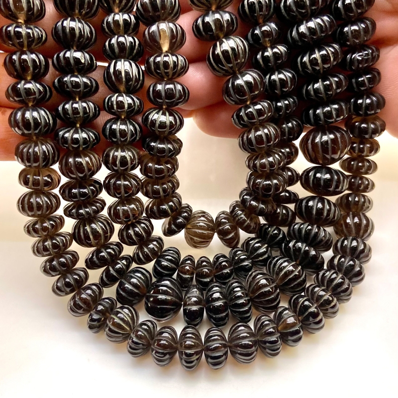 Smoky Quartz 11-12mm Carved Melon Shape AA Grade Gemstone Beads Strand - Total 1 Strand of 15 Inch.
