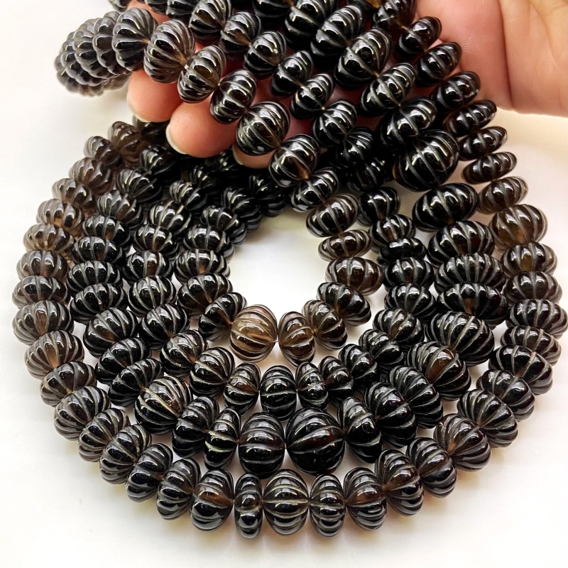 Smoky Quartz 11-12mm Carved Melon Shape AA Grade Gemstone Beads Strand - Total 1 Strand of 15 Inch.