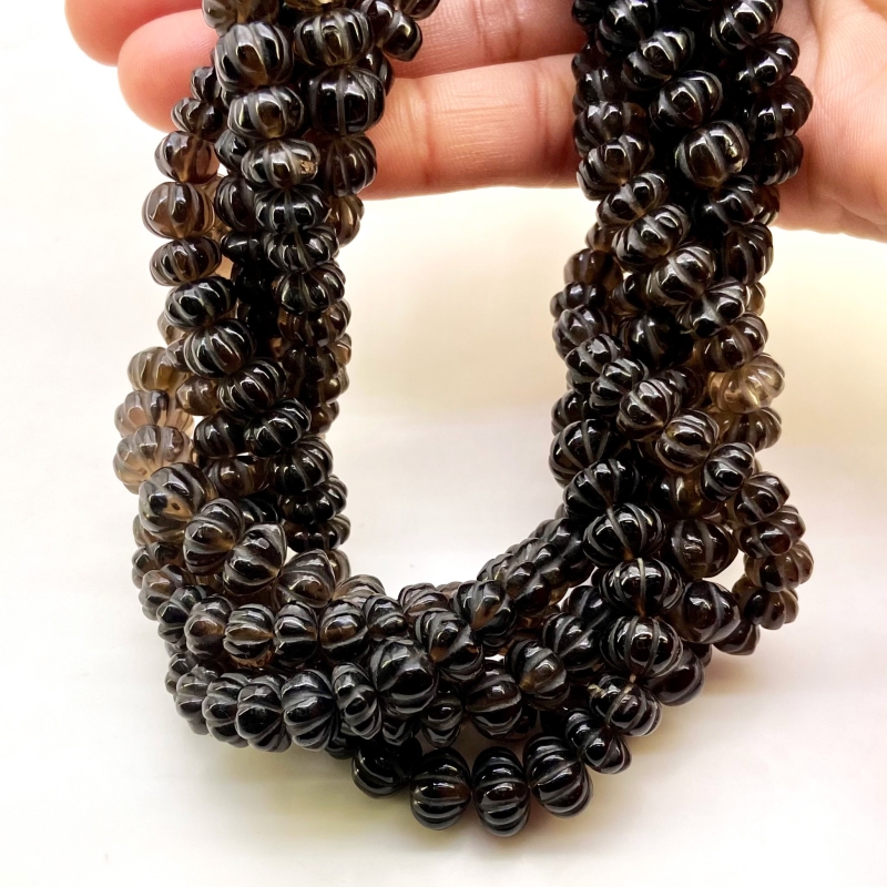Smoky Quartz 9-10mm Carved Melon Shape AA Grade Gemstone Beads Strand - Total 1 Strand of 15 Inch.