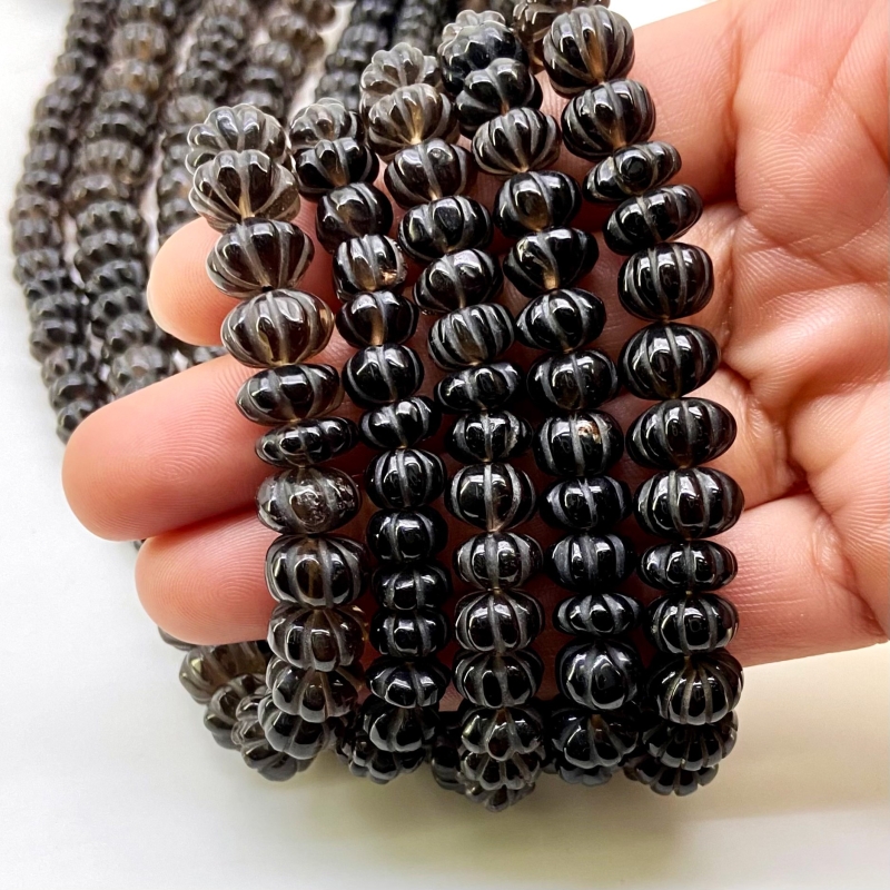 Smoky Quartz 9-10mm Carved Melon Shape AA Grade Gemstone Beads Strand - Total 1 Strand of 15 Inch.