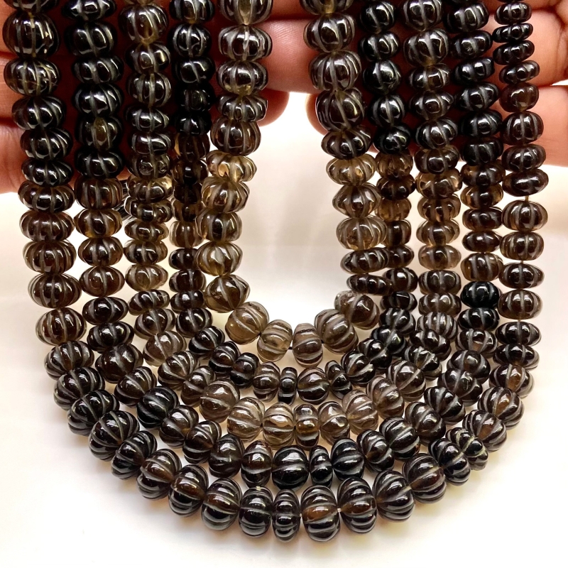 Smoky Quartz 9-10mm Carved Melon Shape AA Grade Gemstone Beads Strand - Total 1 Strand of 15 Inch.