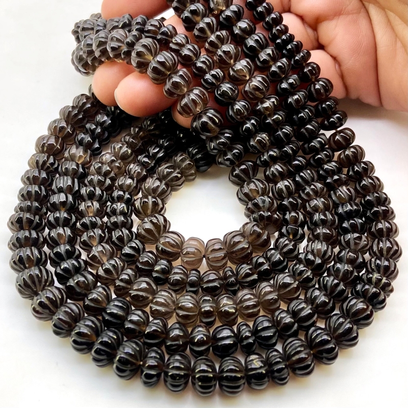 Smoky Quartz 9-10mm Carved Melon Shape AA Grade Gemstone Beads Strand - Total 1 Strand of 15 Inch.