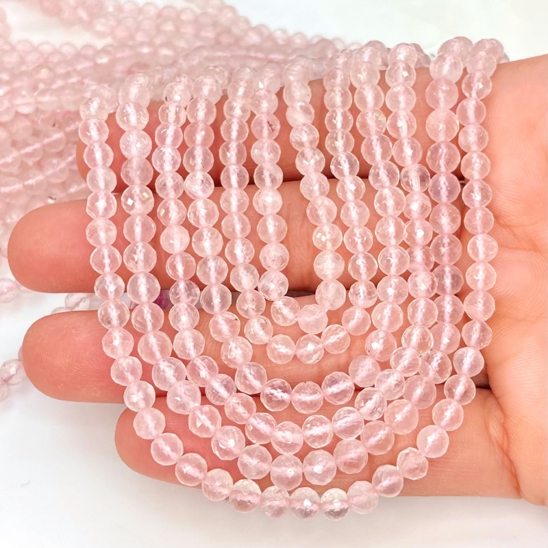 Rose Quartz 4-5mm Faceted Round Shape AA+ Grade Gemstone Beads Strand - Total 1 Strand of 14 Inch.