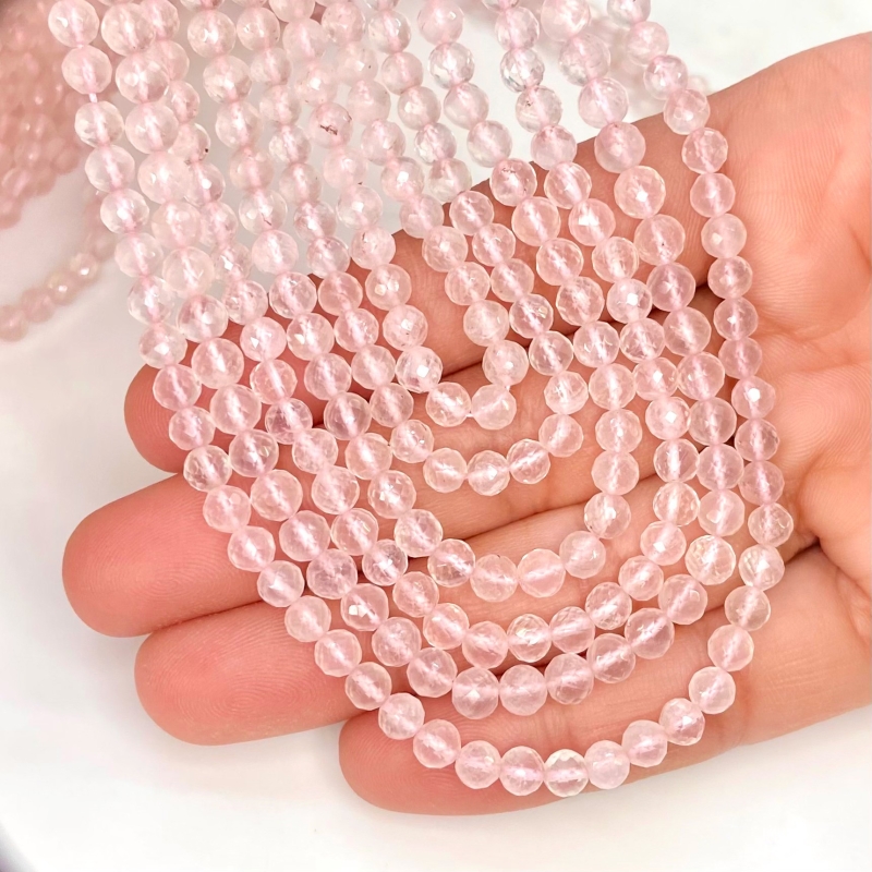 Rose Quartz 4-5mm Faceted Round Shape AA+ Grade Gemstone Beads Strand - Total 1 Strand of 14 Inch.