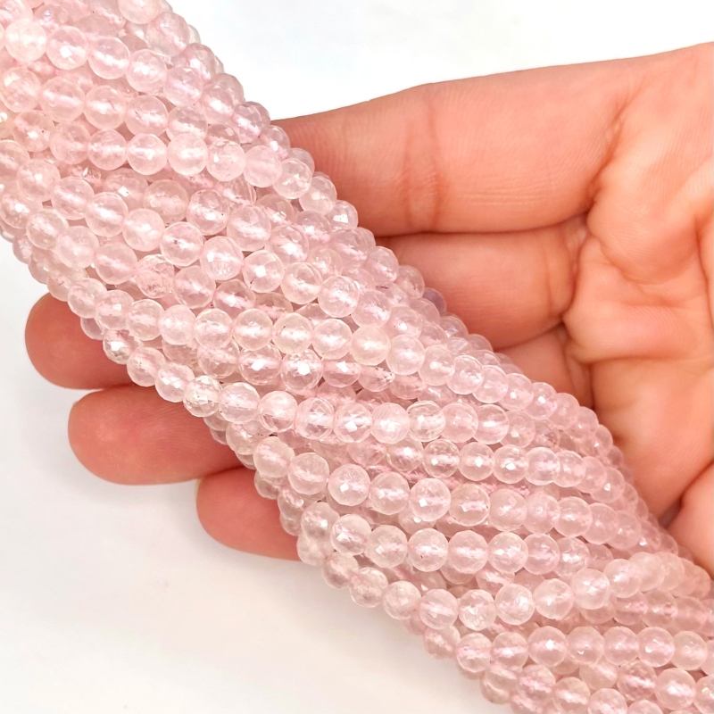 Rose Quartz 4-5mm Faceted Round Shape AA+ Grade Gemstone Beads Strand - Total 1 Strand of 14 Inch.