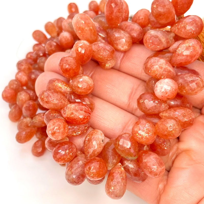 Sun Stone 9-15mm Briolette Drop Shape A Grade Gemstone Beads Lot - Total 5 Strands of 9 Inch.