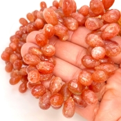 Sun Stone 9-15mm Briolette Drop Shape A Grade Gemstone Beads Lot - Total 5 Strands of 9 Inch.