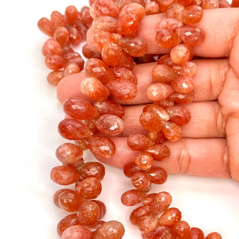 Sun Stone 9-15mm Briolette Drop Shape A Grade Gemstone Beads Lot - Total 5 Strands of 9 Inch.