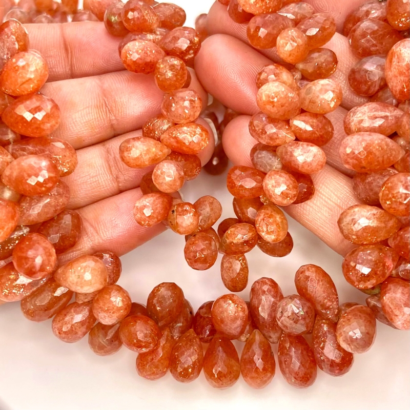 Sun Stone 9-15mm Briolette Drop Shape A Grade Gemstone Beads Lot - Total 5 Strands of 9 Inch.