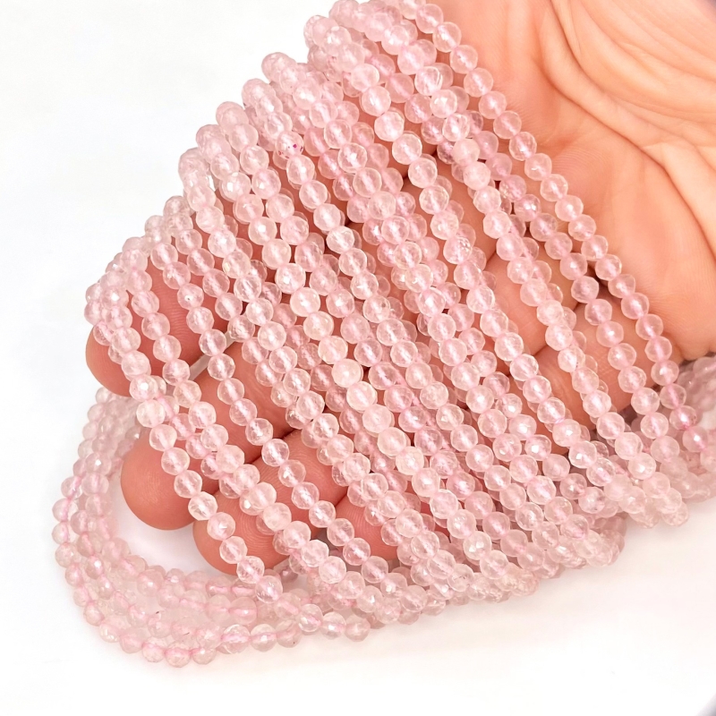 Rose Quartz 3.5-4mm Faceted Round Shape AA+ Grade Gemstone Beads Strand - Total 1 Strand of 14 Inch.