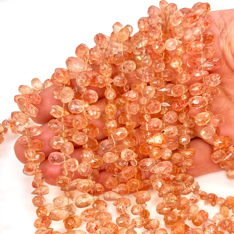 Sun Stone 7-10mm Briolette Drop Shape AA Grade Gemstone Beads Strand - Total 1 Strand of 8 Inch.