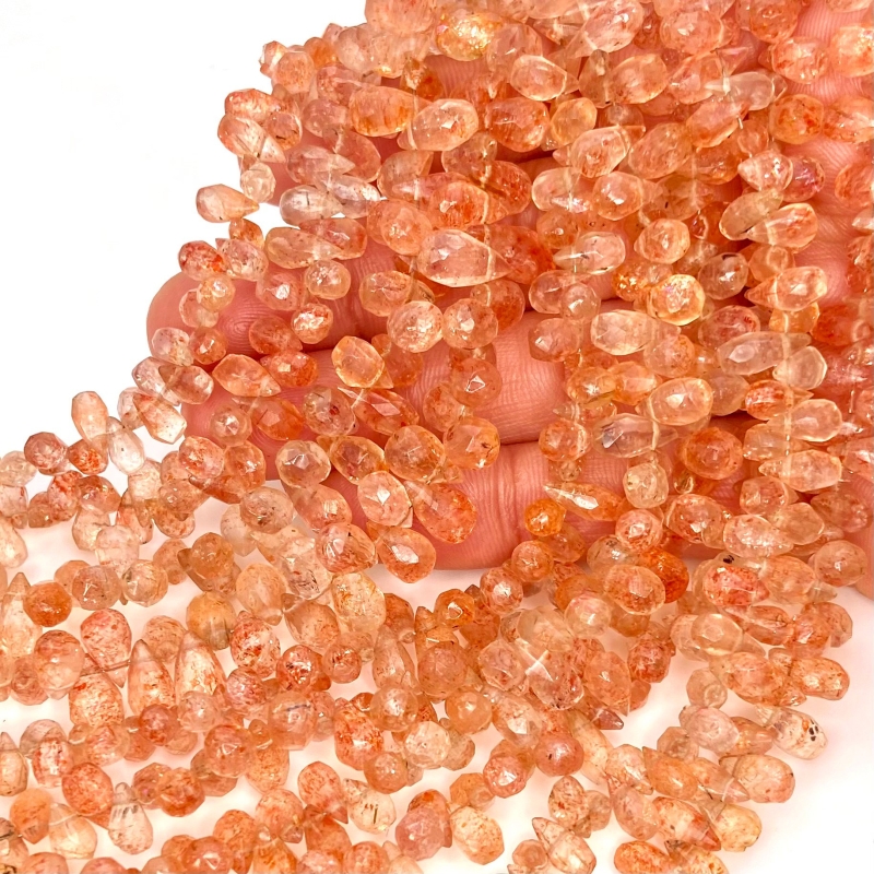 Sun Stone 7-10mm Briolette Drop Shape AA Grade Gemstone Beads Strand - Total 1 Strand of 8 Inch.