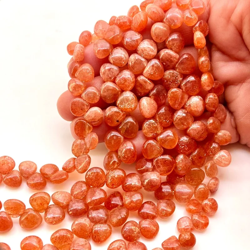 Sun Stone 6-9mm Smooth Heart Shape A Grade Gemstone Beads Lot - Total 5 Strands of 8 Inch.