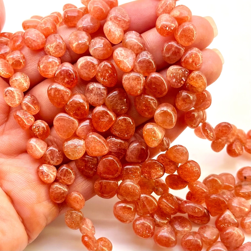 Sun Stone 6-9mm Smooth Heart Shape A Grade Gemstone Beads Lot - Total 5 Strands of 8 Inch.