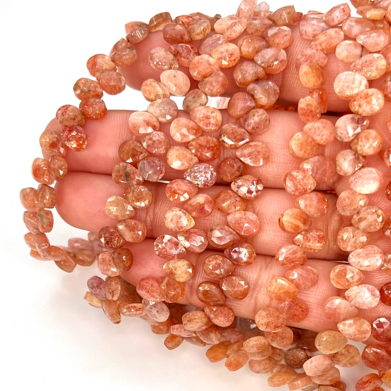 Sun Stone 7mm Briolette Heart Shape AA Grade Gemstone Beads Strand - Total 1 Strand of 6 Inch.