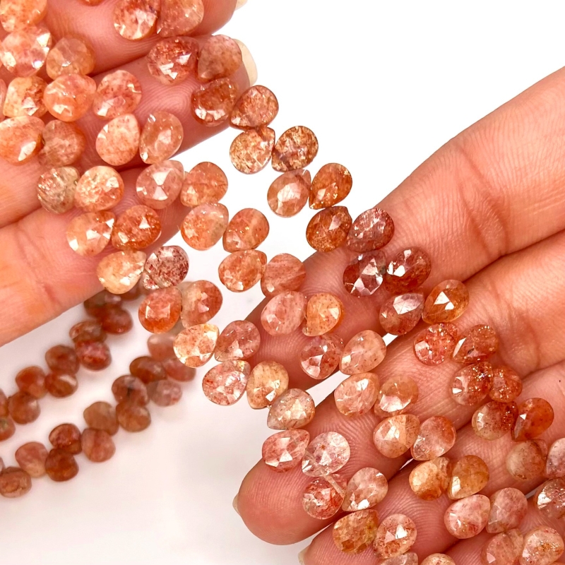 Sun Stone 7mm Briolette Heart Shape AA Grade Gemstone Beads Strand - Total 1 Strand of 6 Inch.