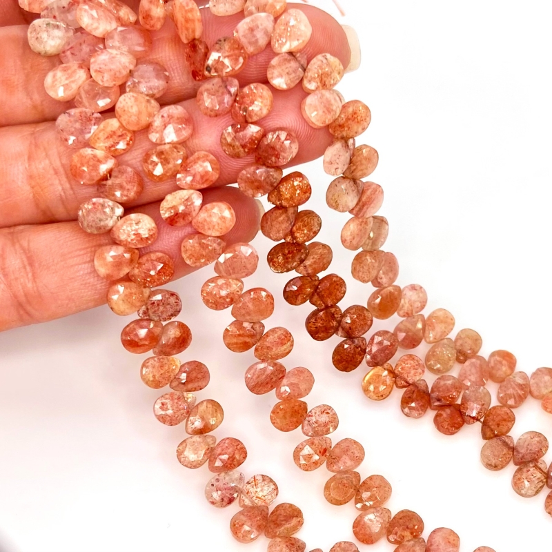 Sun Stone 7mm Briolette Heart Shape AA Grade Gemstone Beads Strand - Total 1 Strand of 6 Inch.