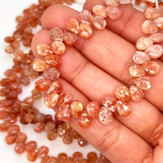 Sun Stone 7mm Briolette Heart Shape AA Grade Gemstone Beads Strand - Total 1 Strand of 6 Inch.