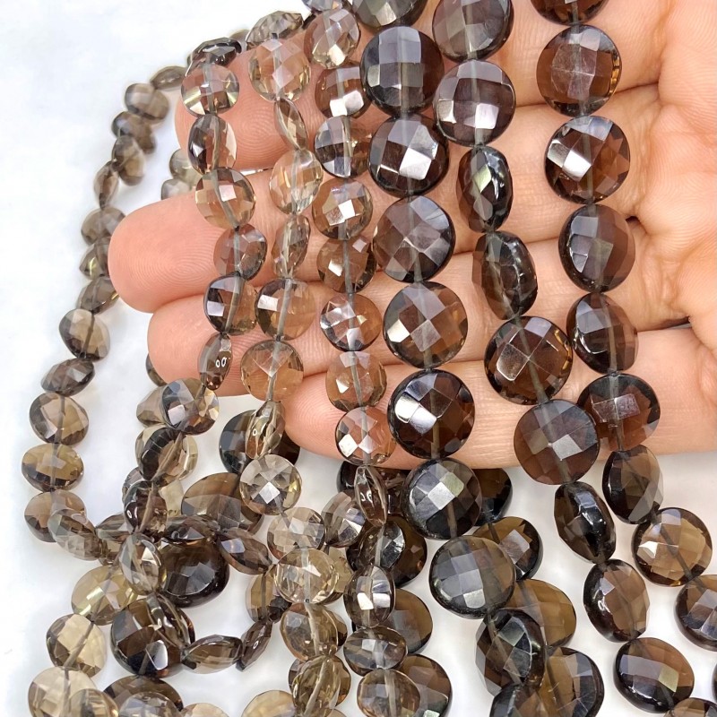 Smoky Quartz 7-11mm Faceted Round Shape AAA Grade Gemstone Beads Lot - Total 6 Strands of 16 Inch.