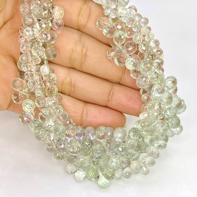 Green Amethyst 5-10mm Briolette Drop Shape AA Grade Gemstone Beads Lot - Total 3 Strands of 8 Inch.