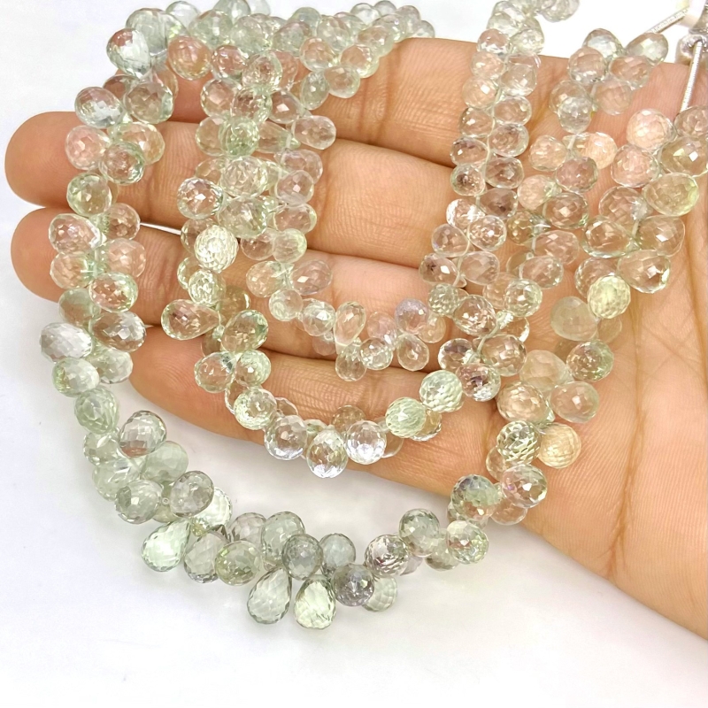 Green Amethyst 5-10mm Briolette Drop Shape AA Grade Gemstone Beads Lot - Total 3 Strands of 8 Inch.