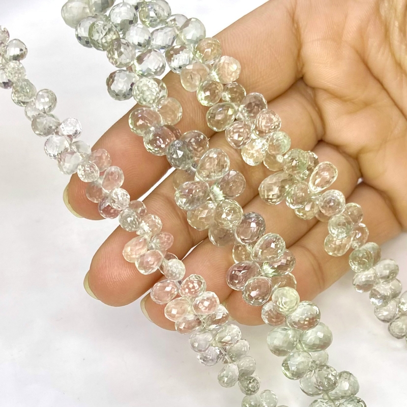 Green Amethyst 5-10mm Briolette Drop Shape AA Grade Gemstone Beads Lot - Total 3 Strands of 8 Inch.