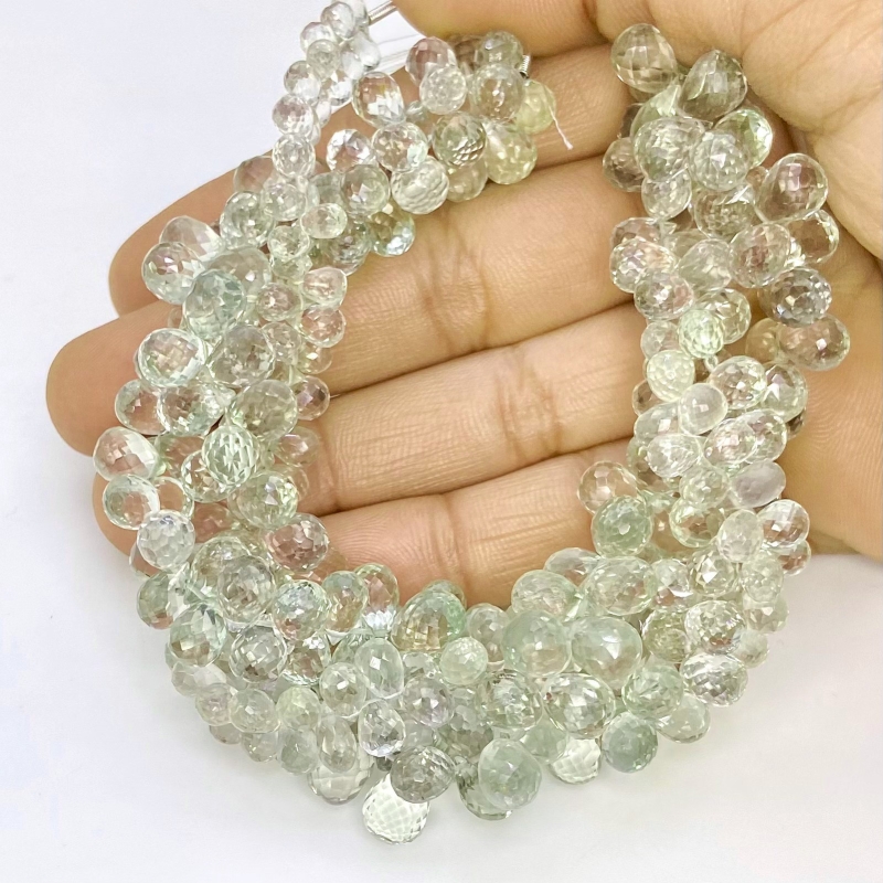 Green Amethyst 5-10mm Briolette Drop Shape AA Grade Gemstone Beads Lot - Total 3 Strands of 8 Inch.