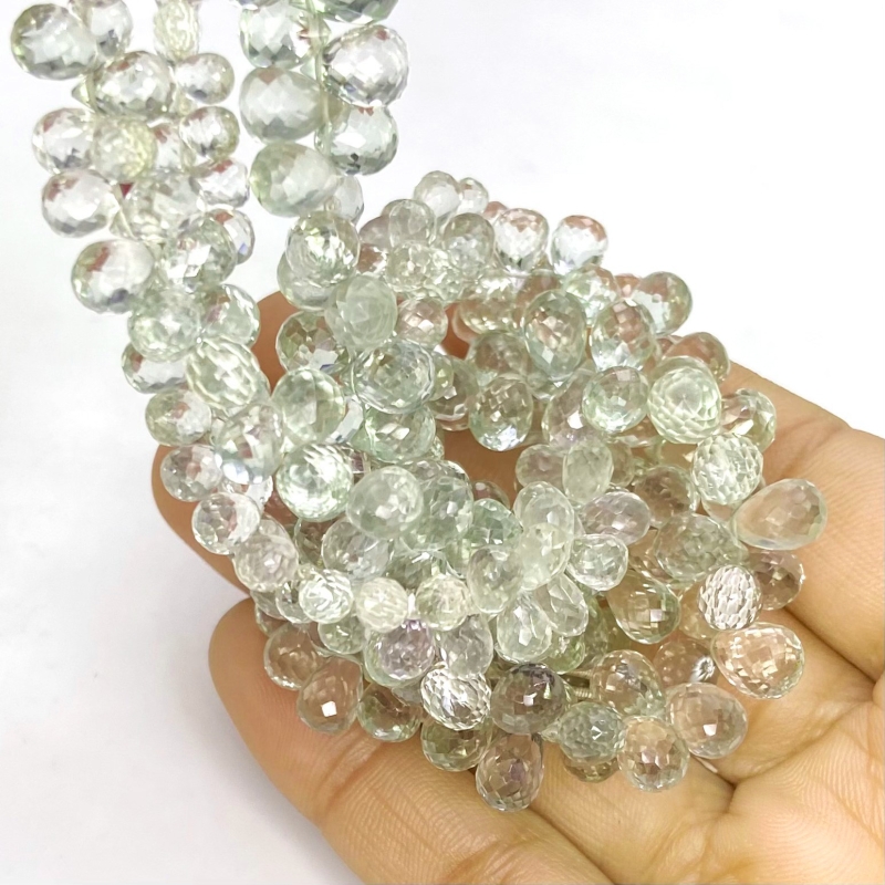 Green Amethyst 5-10mm Briolette Drop Shape AA Grade Gemstone Beads Lot - Total 3 Strands of 8 Inch.